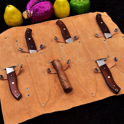 Hm-(Brown) Custom Made Damascus Steel #6 Pcs of Professional Utility Kitchen Knives Set Comes with Sweet Leather Roll Kit (3712)8