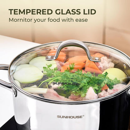 : Stainless Steel Stock Pot - 7 Quart - Tempered Glass Lid, 3-Ply Bottom, Soup-Pasta-Food, Boil-Simmer, All Cooktops, Dishwasher & Oven Safe | Impact-Bonded Base Big Stainless Steel Pots for Canning, Boiling, Spaghetti - Oven Safe & Induction Compatible8