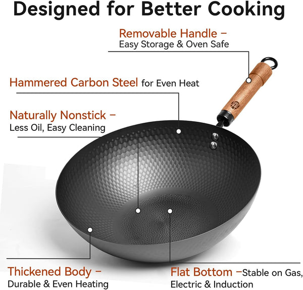 Carbon Steel Wok Pan with Lid, 12.6" Hammered Stir Fry Pan, Thickened Heavy Duty Flat Bottom Wok for Electric, Induction & Gas Stoves, Detachable Wood Handle, No Chemical Coating (Black)6