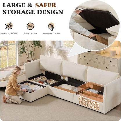 103" Modular Sectional Sofa with Storage, L Shaped Cloud Couch with Movable Ottomans & 4 Pillows, Chenille Deep Seat Sectional Couches for Living Room, Apartment (Beige)4