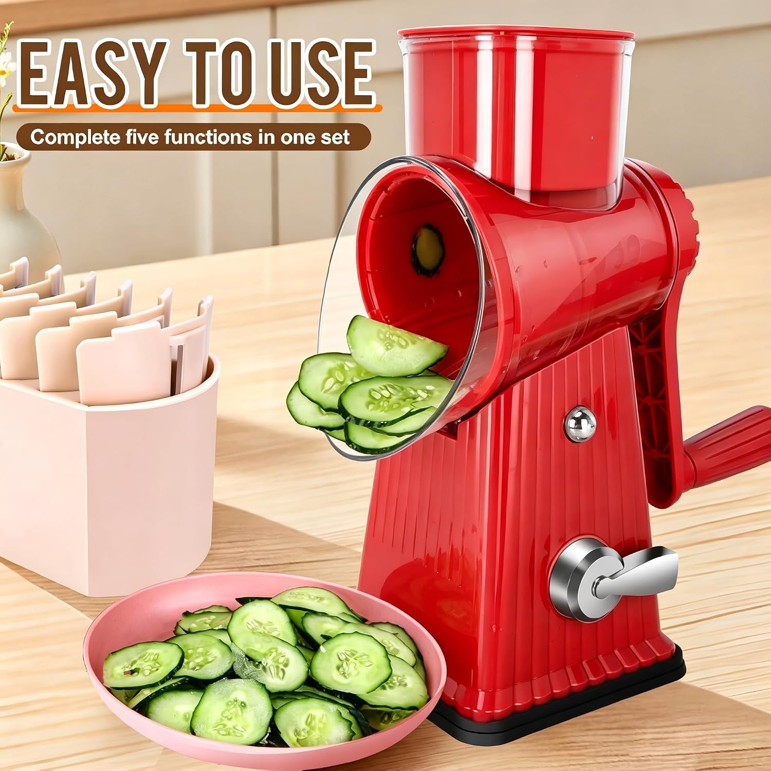 rotary-cheese-grater-with-5-well-designed-blades-strong-suction-base-kitchen-mandoline-vegetable-slicer-with-blade-storage-box-red