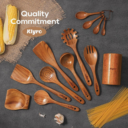 Wooden Spoons for Cooking, Nonstick Kitchen Utensils Set with 4 Piece Measuring Spoons, Comfort Grip Wooden Spatula Set, 9 Piece Teak Wooden Cooking Utensils with Holder and Spoon Rest6