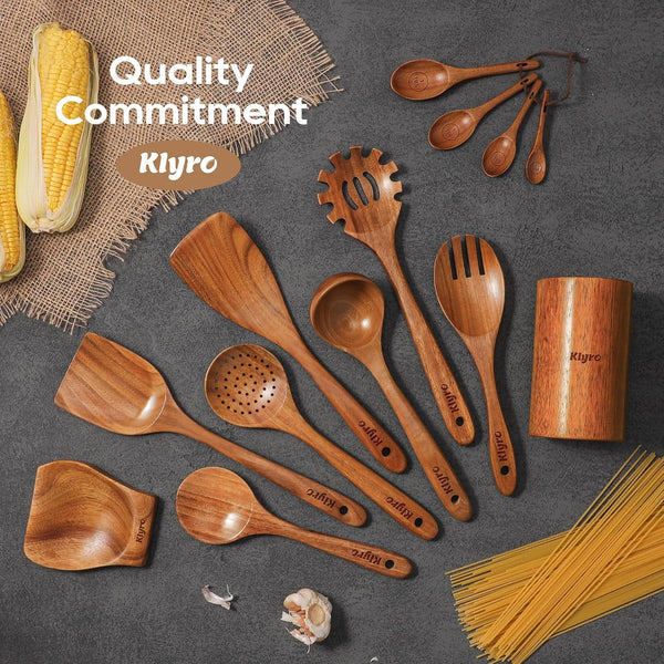 Wooden Spoons for Cooking, Nonstick Kitchen Utensils Set with 4 Piece Measuring Spoons, Comfort Grip Wooden Spatula Set, 9 Piece Teak Wooden Cooking Utensils with Holder and Spoon Rest6