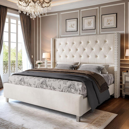 Queen Velvet Bed Frame with 49.2" Tall Wingback Headboard, Cream1