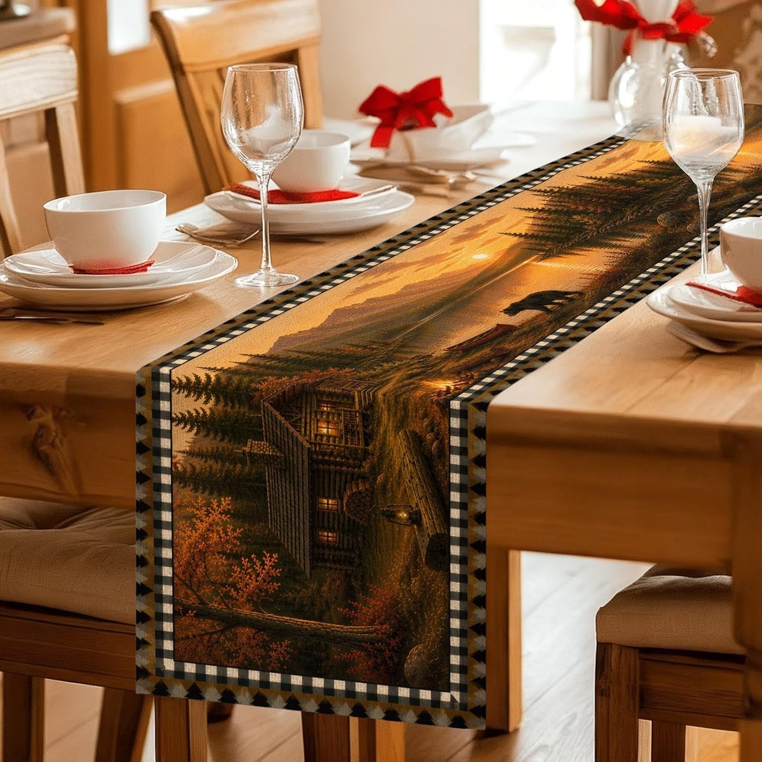 mountains-bear-table-runner-cotton-linen-72-inch-holiday-dresser-scarves-farmhouse-country-cabins-pine-tree-brown-tablerunner-for-kitchen-coffee-dining-living-room-dinner-scarf-decor-13x72