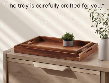 Set of 2 Acacia Wood Serving Tray with Handles | Decorative Trays Platter,Breakfast Tray in Bed,Food Drinks Tray for Eating,Working,Storing5