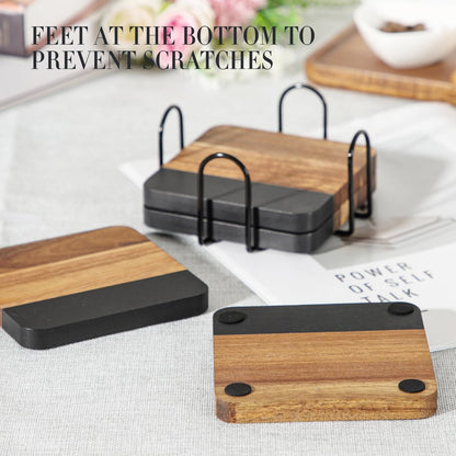 Black Marble Wood Coasters with Holder for Drinks Set of 4, Square Non-Slip Wooden Stone Coaster Coffee Table Accessories Manly Coaster for Men Coffee Table, Bar, Office - Rustic Modern3