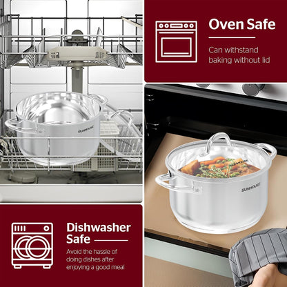 : Stainless Steel Stock Pot - 7 Quart - Tempered Glass Lid, 3-Ply Bottom, Soup-Pasta-Food, Boil-Simmer, All Cooktops, Dishwasher & Oven Safe | Impact-Bonded Base Big Stainless Steel Pots for Canning, Boiling, Spaghetti - Oven Safe & Induction Compatible6