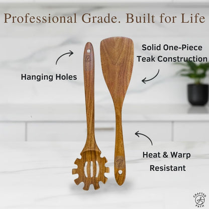 Teak Wooden Utensil Set (9-Piece) – Teak Cooking Utensils for Nonstick Cookware, Teak Wooden Spoons for Cooking & Spatula - Natural Wood Kitchen Utensils by6
