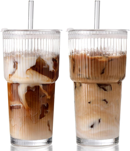 Iced Coffee Cups with Lids 2Pcs: Ribbed Glass Tumbler with Straw and Lid 20Oz - Vintage Glass Cups with Lids and Straws - Tumbler Leak Proof Aesthetic Drinking for Coffee Bar Accessories1