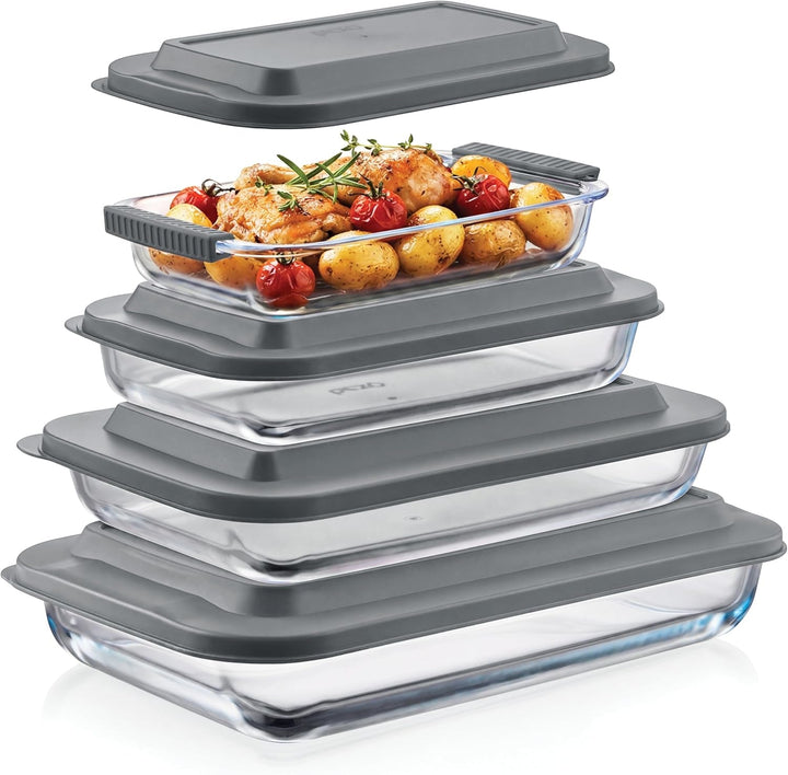 8 Piece Glass Baking Dish Set with Plastic Lids, with Silicone Handles for Easy Grip (1.06QT, 1.69QT, 2.32QT, 3.17QT), Clear Glass Casserole Dishes for Oven, Airtight Lids, Glass Bakeware, Freezer, Oven, and Dishwasher Safe (Gray)