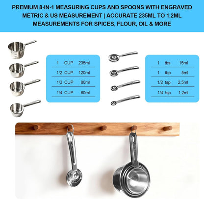 8 PCS Stainless Steel Measuring Cups and Spoons Set, Engraved Metric & US Measurement Measuring Cups and Spoons, Food Grade Metal Measure Cups for Dry & Liquid Kitchen Cooking Baking, Dishwasher Safe2