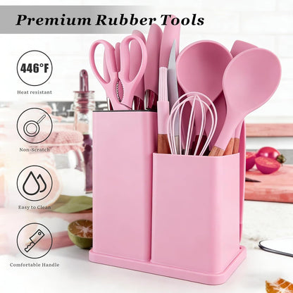 19 Piece Kitchen Utensil Set with Knife Set & Holder, Silicone Cooking Utensil Set with Wooden Handle, Heat Resistant Kitchen Tools Set for Nonstick Cookware Pink4