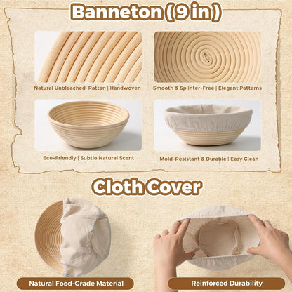 Complete Bread Proofing Basket Kit | All-In-One Set with Banneton(9 In), Sourdough Starter Jar Kit, Bread Lame, Dough Scraper, Whisk, Cutter & Tools3