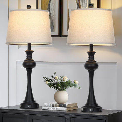 28.75 " 3-Way Touch Control Modern Table Lamp Set of 2 for Living Room , Bedside Lamp with USB A+C Ports, Mid Century Black Table Lamps, Nightstand Lamps Set ,Beige Fabric Shade Vintage Accent Style2