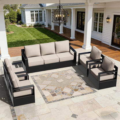 Outdoor Aluminum Furniture Set, 5-Piece Patio Conversation Set, 4 Chairs and 1 Sofa, All-Weather Metal Frame, 6" Thick Removable Cushions, Deep Setting for Garden, Poolside and Porch8