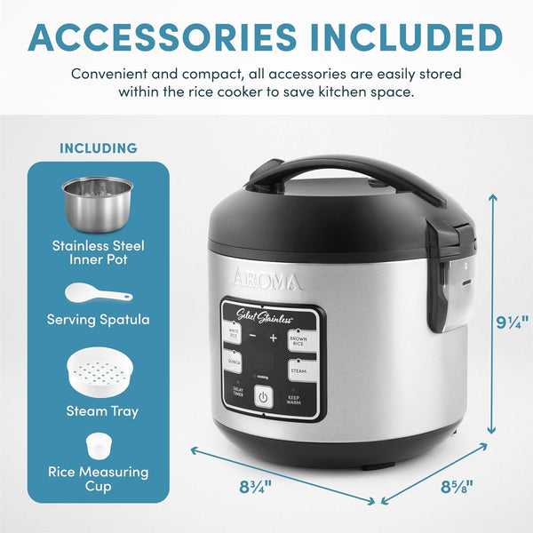 ® Select Stainless® Rice Cooker, 4-Cup (Uncooked) / 8-Cup (Cooked), 2 Qt, Stainless Steel Inner Pot, Multicooker, Steamer, Stainless Steel, ARC-914SBDS7