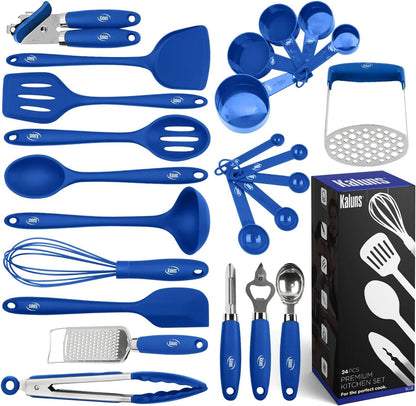 Silicone Kitchen Utensils Set 24 Pcs Cooking Utensils Set - Can Opener, Masher, Turner, Spatula 446°F Heat Resistant Non-Stick - Premium Silicone and Stainless Steel Utensil Set1