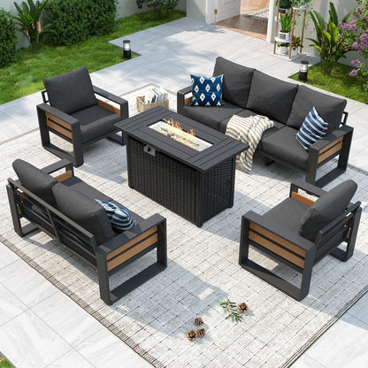 Aluminum Patio Furniture Set with Fire Pit Table, 5 Piece Luxury Outdoor Sectional with 6" Olefin Fabric Cushions, Patio Conversation Sets with Waterproof Cover for Backyard, Porch Dark Grey1