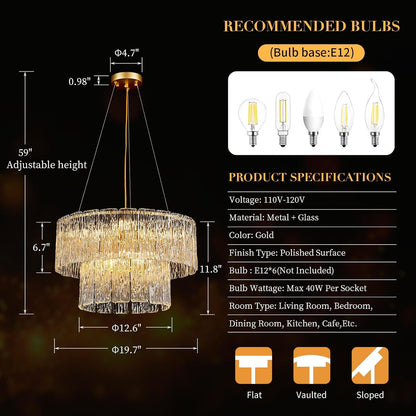 20" Gold Crystal Chandelier, 6-Light Glass Drum Light Fixture3