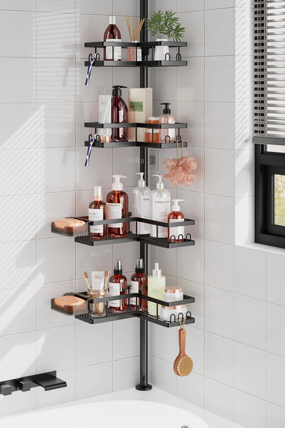 Corner Shower Caddy Tension Pole, 25.7-109.1In Adjustable Shower Shelves, Rust-Resistant Shower Organizer, No-Drill 3-Step Installation, Bathroom Shelves for Renters & Family, Black1