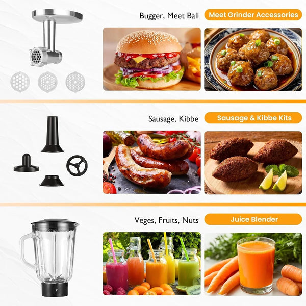 Stand Mixer with 6.5-QT Bowl: 400W Electric Kitchen Mixer with Dough Hook, Whisk & Beater, 3-In-1 Food Processor & Meat Grinder Attachment, for Baking, Bread, Pasta, Cookies3