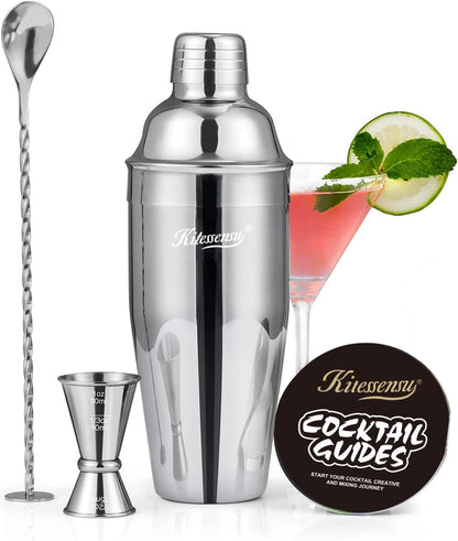 Cocktail Shaker,  24Oz Drink Shaker with Bartender Strainer, Measuring Jigger, Bar Mixing Spoon, Cocktail Recipe Guide, Professional Drink Mixer Set for Beginners, Silver1