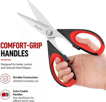 3-Pack 8.7" Kitchen Scissors All Purpose Heavy Duty Shears W/Sheath | Soft Comfort Grip, Dishwasher Safe, Stainless Micro-Serrated Edge Blades, Cooking Poultry Herbs Meat Seafood Tools5