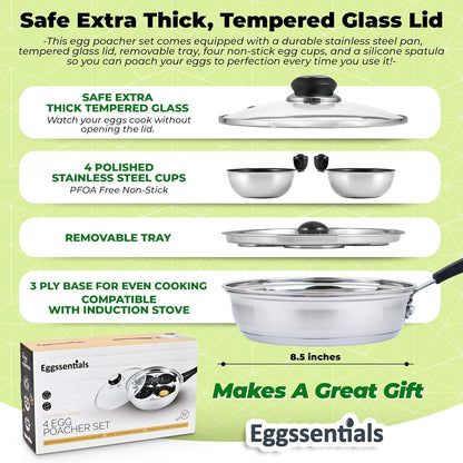 Egg Poacher -  Poached Egg Maker, Stainless Steel Egg Poaching Pan, Poached Eggs Cooker Food Grade Safe PFOA Free with Spatula.6
