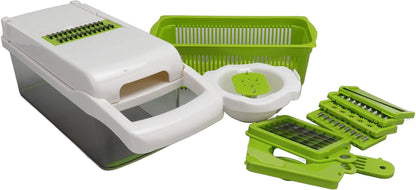 Vegetable Cutter Peeler Chopper Grater, Stainless Steel Kitchen Tool with anti - Slip Handle and Blade Container for Potato Carrot Onion, 12 - Piece Set for Home (White)1