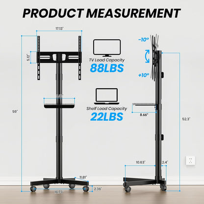 Mobile TV Cart for 23-60 Inch LCD LED OLED Flat Curved Screen Tvs - Height Adjustable Rolling Floor Stand with Shelf and Locking Wheels - up to 88Lbs, Max VESA 400X400Mm, Black2
