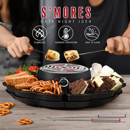 2 in 1 Electric S’Mores Maker & Fondue Pot, Tabletop Indoor Smores Kit with 4 Roasting Forks, 4 Detachable Trays & 1 Flameless Temperature-Controlled Heater, Movie Night Supplies & Housewarming Gifts3