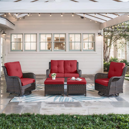 5 Piece Wicker Patio Furniture Set, Outdoor Swivel Rocker Chairs Set of 2 with Ottomans and Loveseat, All Weather Patio Conversation Furniture Set, for Porch Pool, Brown Wicker/Red1