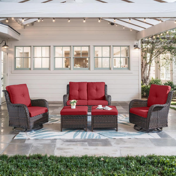 5 Piece Wicker Patio Furniture Set, Outdoor Swivel Rocker Chairs Set of 2 with Ottomans and Loveseat, All Weather Patio Conversation Furniture Set, for Porch Pool, Brown Wicker/Red1