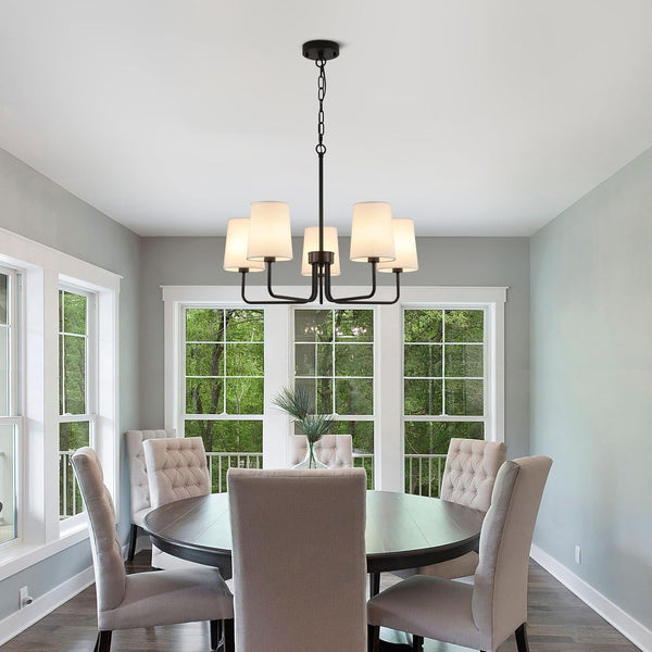 Farmhouse Chandelier, Matte Black with White Fabric Shade, Farmhouse Linear Island Lighting Fixture for Kitchen, Dining Room (5-Light Matte Black with Fabric Shades)8