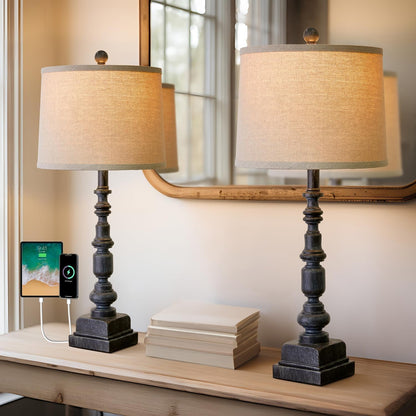 27.75" Farmhouse Table Lamps Set of 2 for Living Room, USB A+C Port9