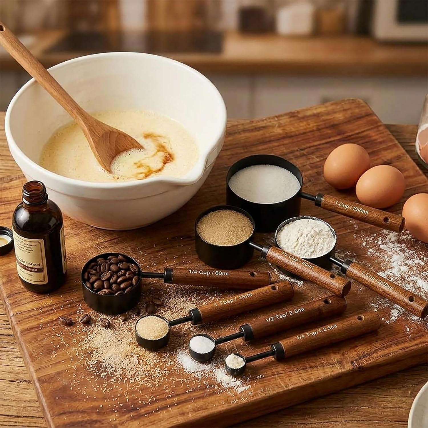 measuring-cups-and-spoons-set-8pcs-stainless-steel-metal-measuring-cups-walnut-wood-handle-black-plated-for-dry-and-liquid-ingredients