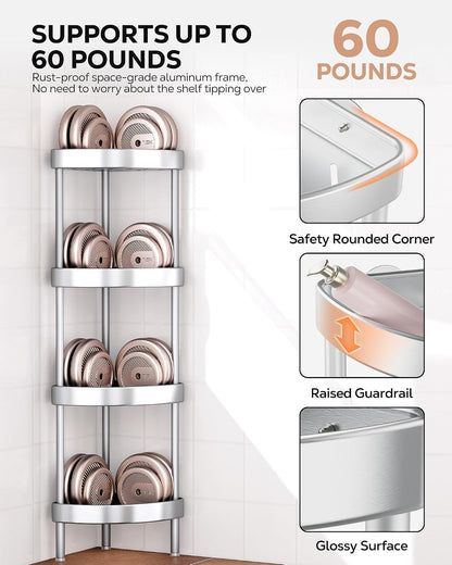 4 Tier Aluminum Corner Shower Caddy Standing Rustproof-Silver7
