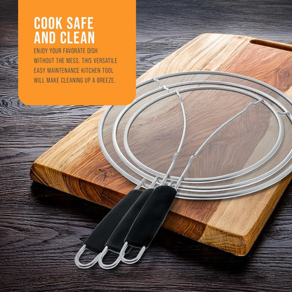 3-Piece Stainless Steel Splatter Guard Set (13", 11.5", 9.5") Fine Mesh Cover, Grease & Oil, Splatter Screen for Frying Pan, Cooking Pots, with Resting Feet & Comfort Grip Handles7
