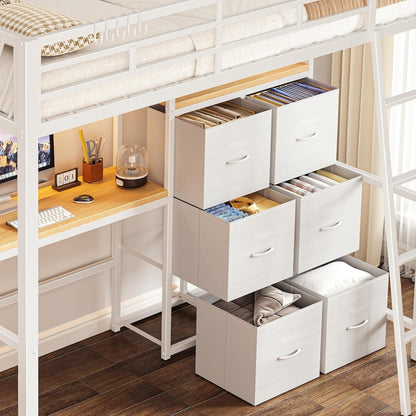 White Twin Loft Bed with Desk and 6 Storage Drawers, Metal Twin Size Loft Beds with Charging Station, RGB LED Lights, and Pegboard & Hanging Rod for Kids, Teenager (White)6