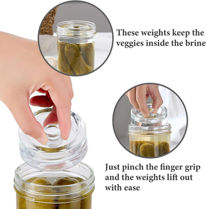 4-Pack of Fermentation Glass Weights with Easy Grip Handle for Great Wide Mouth Canning Mason Jars, Pickling Sourkrout Kraut Glass Weight Fermentation Kit with Easy Grip Handle, Dishwasher Safe4