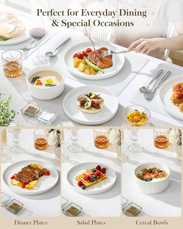 Porcelain 12 Pieces Plates and Bowls Set, Dinnerware Set for 46
