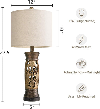 27.25” Antique Gold Table Lamps Set of 2 – Farmhouse Bedside Lamps with Night Light & USB A+C Ports, Vintage Lamps for Bedroom, Living Room, Entryway, Nursery, Reading Nook(Bulbs Included6