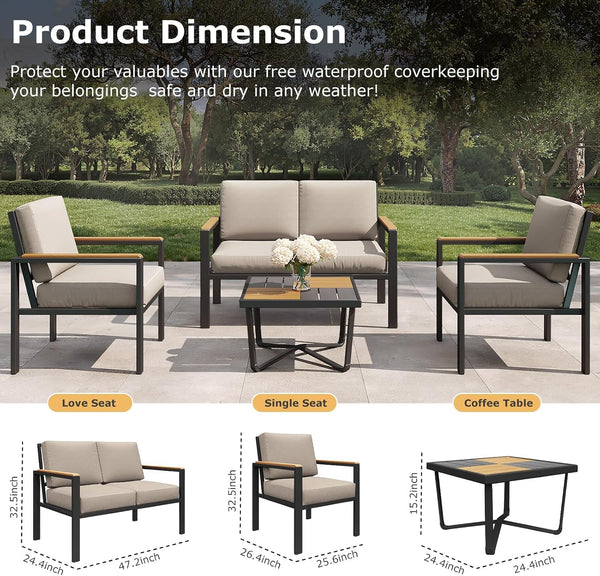 4-Piece Patio Furniture Set with Wood-Like Arms-Taupe4