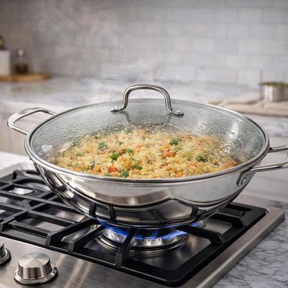 14-Inch Stainless Steel Wok with Glass Lid – Aluminum Core Tri-Ply Construction, Brushed Interior & Polished Exterior, Dual Handles Stir Fry Pan for Gas & Electric Stovetops5