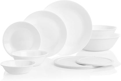 Vitrelle 78-Piece Service for 12 Dinnerware Set, Triple Layer Glass and Chip Resistant, Lightweight round Plates and Bowls Set, Winter Frost White2