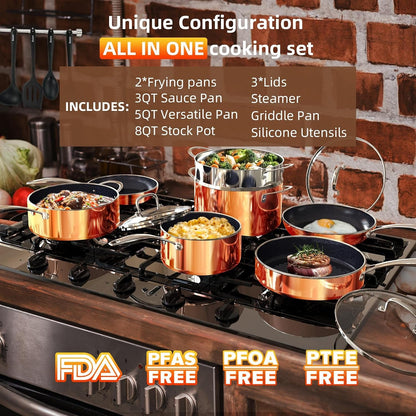 Deluxe  14PC Healthy Pots and Pan with 9H Anti-Scratch Coating, 2-Layer Non-Stick Ceramic&Pfas Free, Sensitively&Evenly Induction Cooking, Enhanced Flavor with Infrared Cookware, Dishwasher Safe2