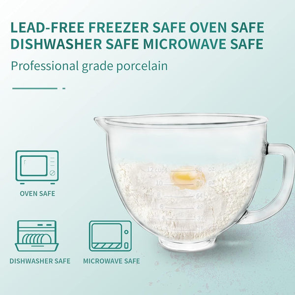Glass Mixer Bowl for Kitchenaid Tilt-Head Stand Mixers 4.5-5 Quart, 5 Qt Mixing Bowl Replacement for Kitchen Aid with Measurement Markings,Handle3