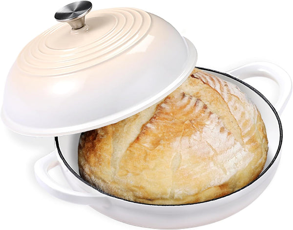 Enameled round Cast Iron Bread Oven, 6 Qt Cast Iron Dutch Oven for Homemade Sourdough Bread Baking, Bread Pot with Dome Lid (White)1