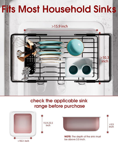 Dish Drying Rack in Sink - Expandable Stainless Steel Dish Rack over the Sink, Kitchen Sink Drain Strainer with Cutlery Holder & Cup Holders, 15.4 X 9.8 X 3.0 Inch, Black3